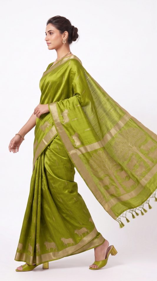 Olive Green Raw Silk Saree with Kamdhenu & Tree of Life Zari Motifs