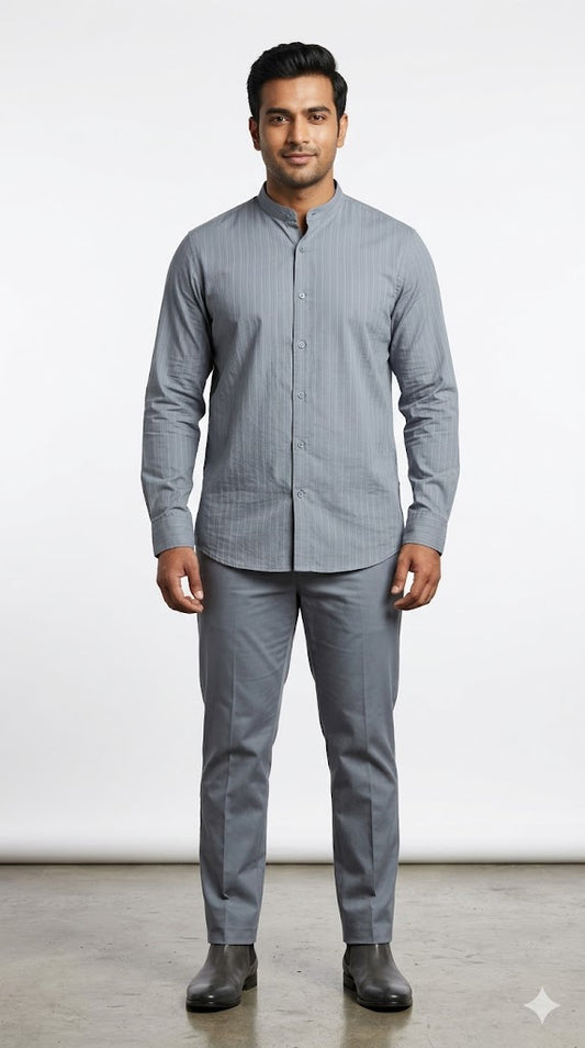 Men's Slate Blue Pinstripe Mandarin Collar Shirt