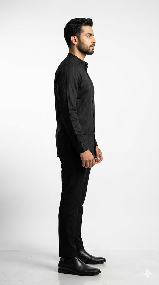Men's Charcoal Black Mandarin Collar Shirt