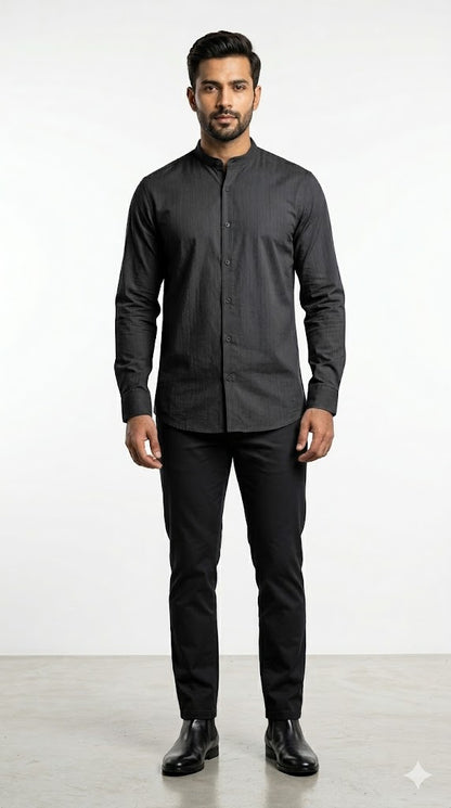 Men's Charcoal Black Mandarin Collar Shirt