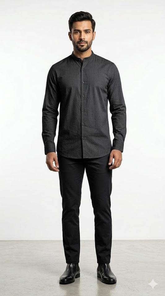 Men's Charcoal Black Mandarin Collar Shirt