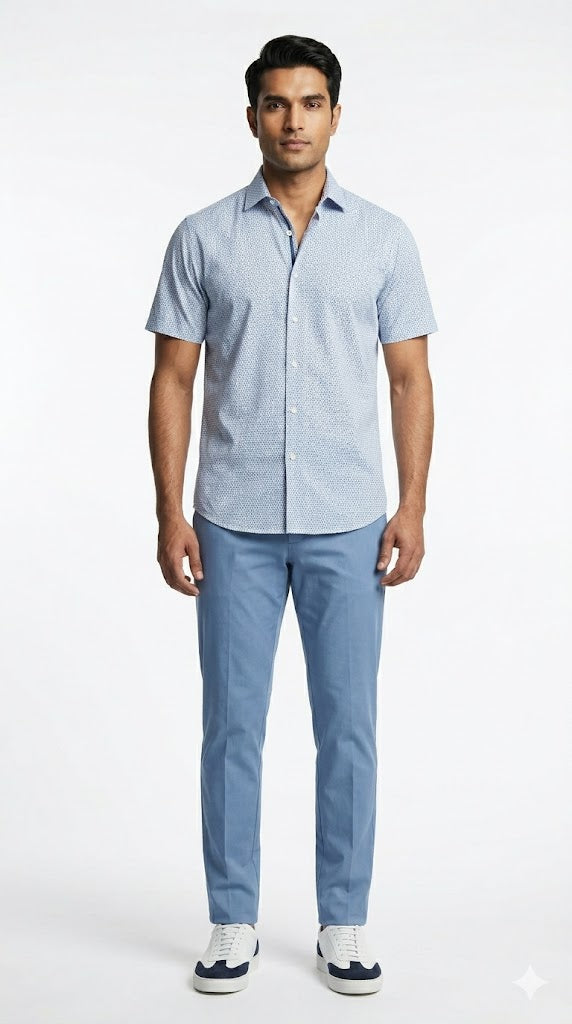 Men's White and Blue Micro Print Shirt