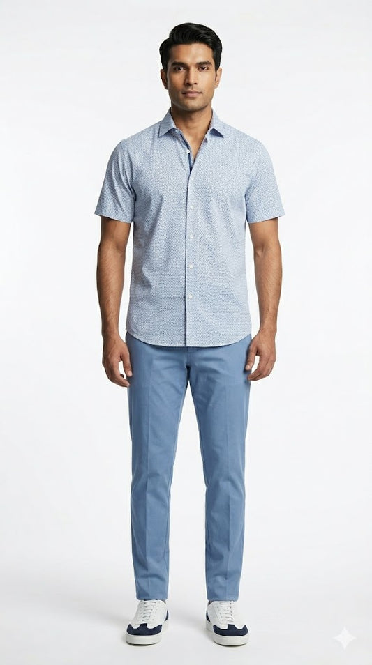 Men's White and Blue Micro Print Shirt