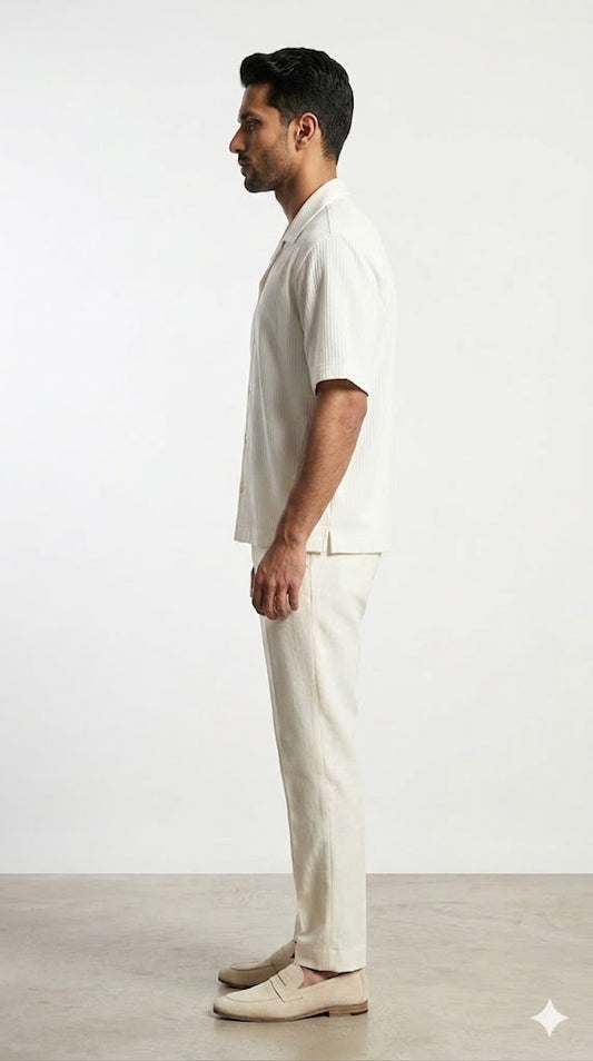 Men's Off White Ribbed Cuban Collar Shirt