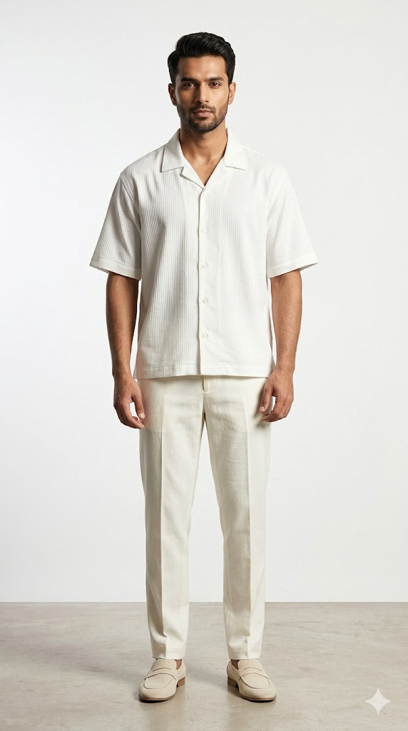 Men's Off White Ribbed Cuban Collar Shirt
