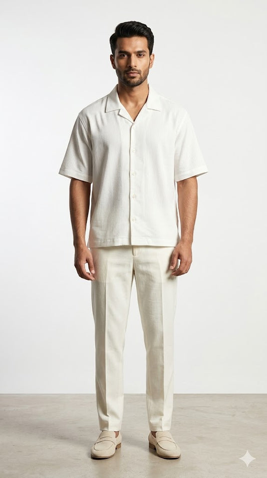 Men's Off White Ribbed Cuban Collar Shirt