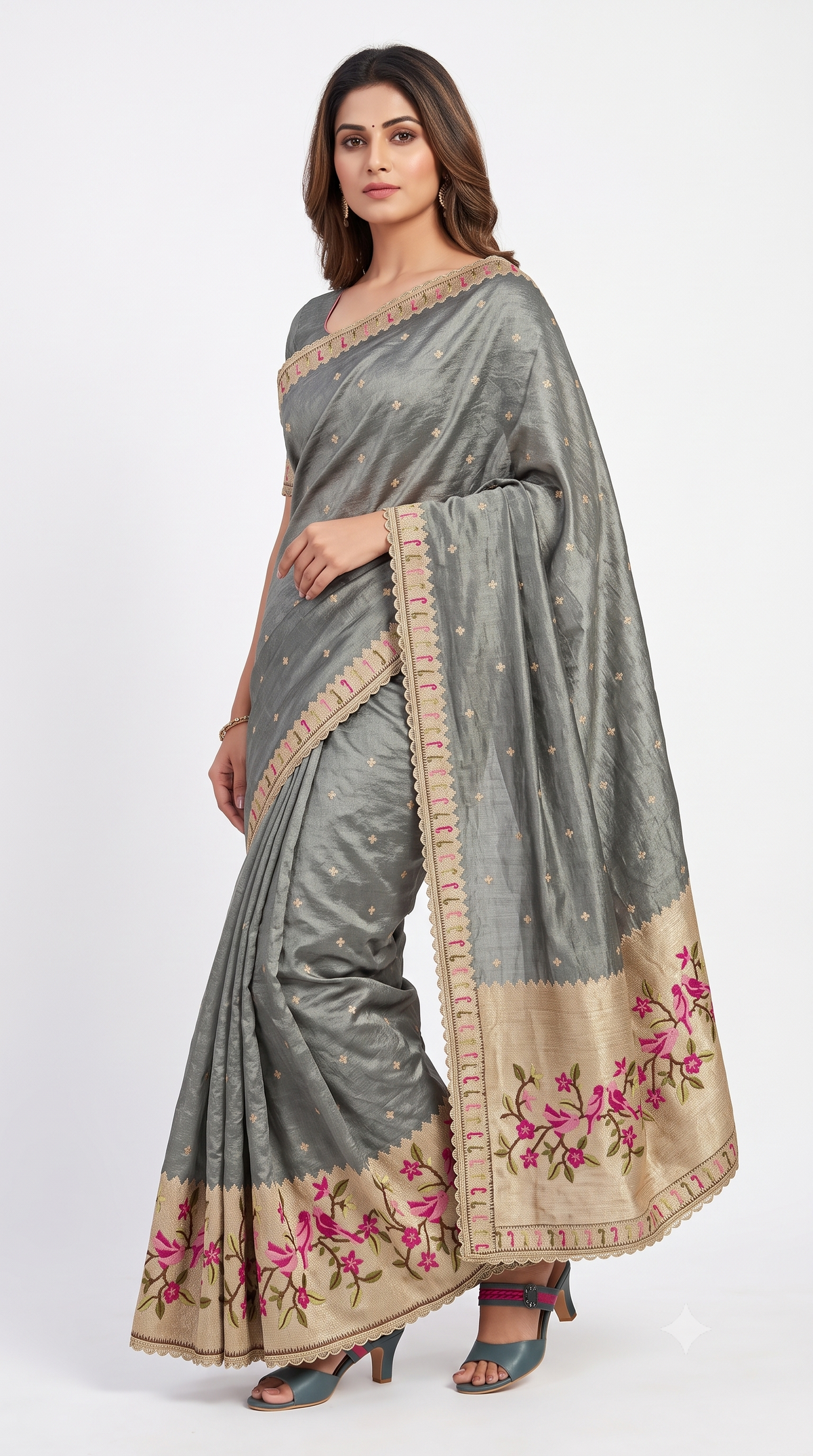 Charcoal Slate Silk Saree with Bird & Floral Embroidered Border