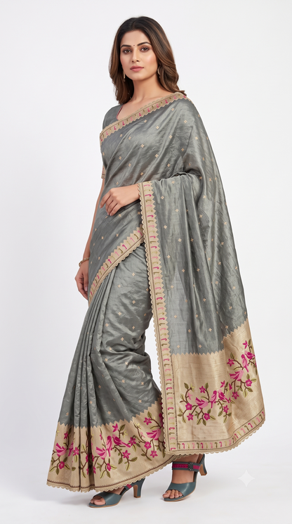 Charcoal Slate Silk Saree with Bird & Floral Embroidered Border