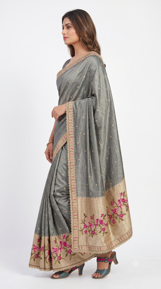 Charcoal Slate Silk Saree with Bird & Floral Embroidered Border