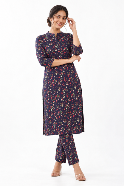 Women Deep Indigo Blue Floral Printed Straight Kurta