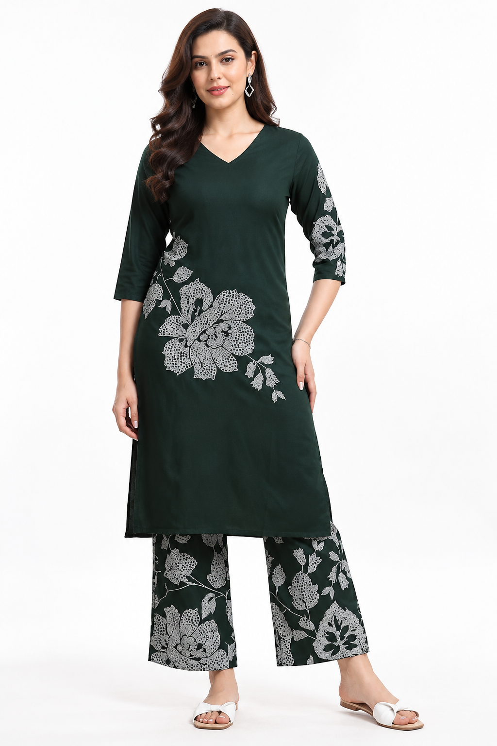 Forest Green Floral Kurta Set for women