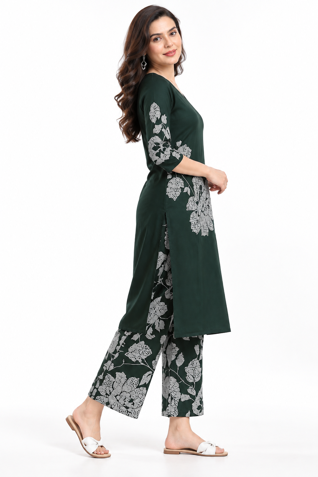 Forest Green Floral Kurta Set for women