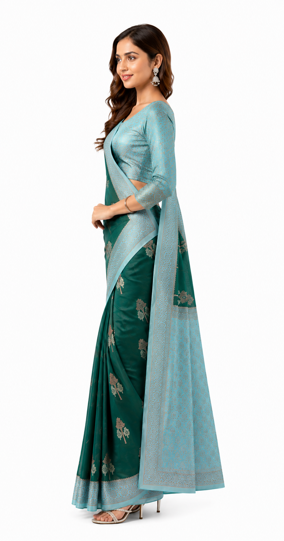 Crepe-Dark Green-Light Blue Saree