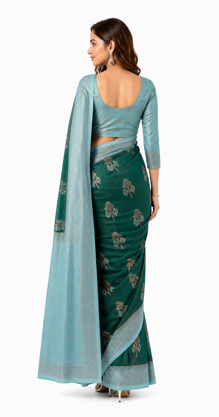 Crepe-Dark Green-Light Blue Saree