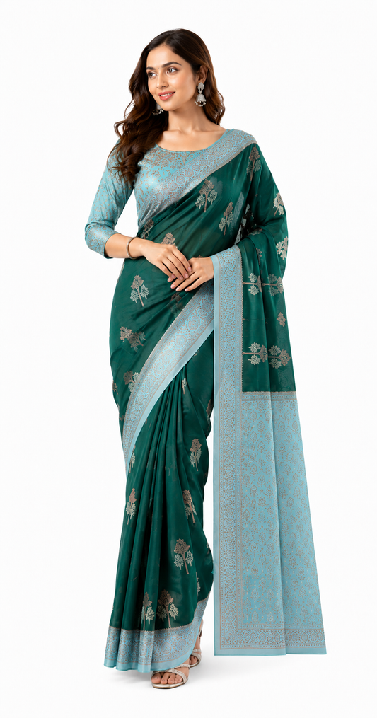 Crepe-Dark Green-Light Blue Saree