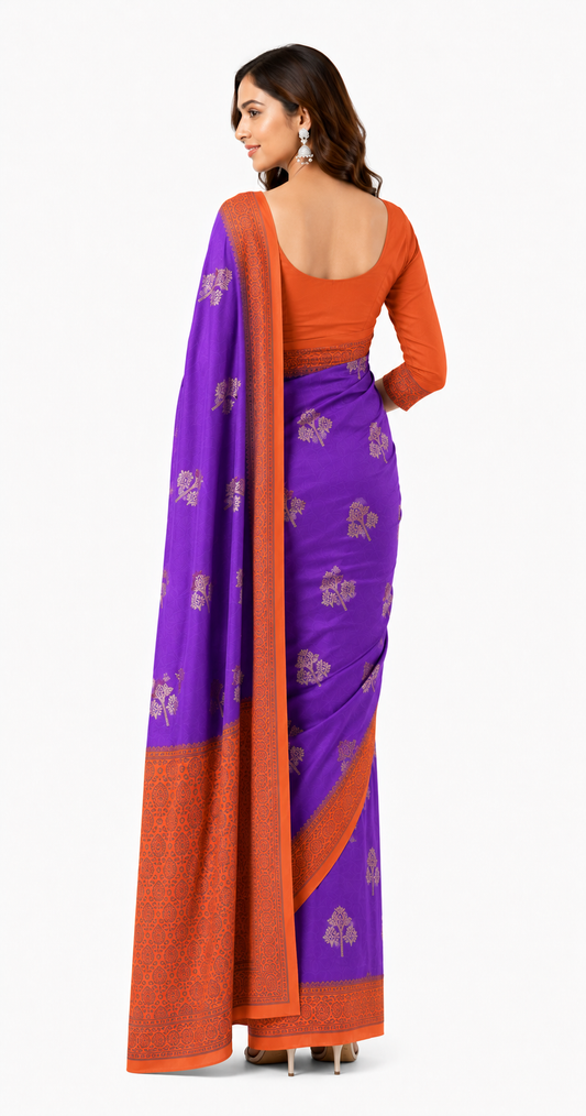 Crepe-Purple-dark orange Saree
