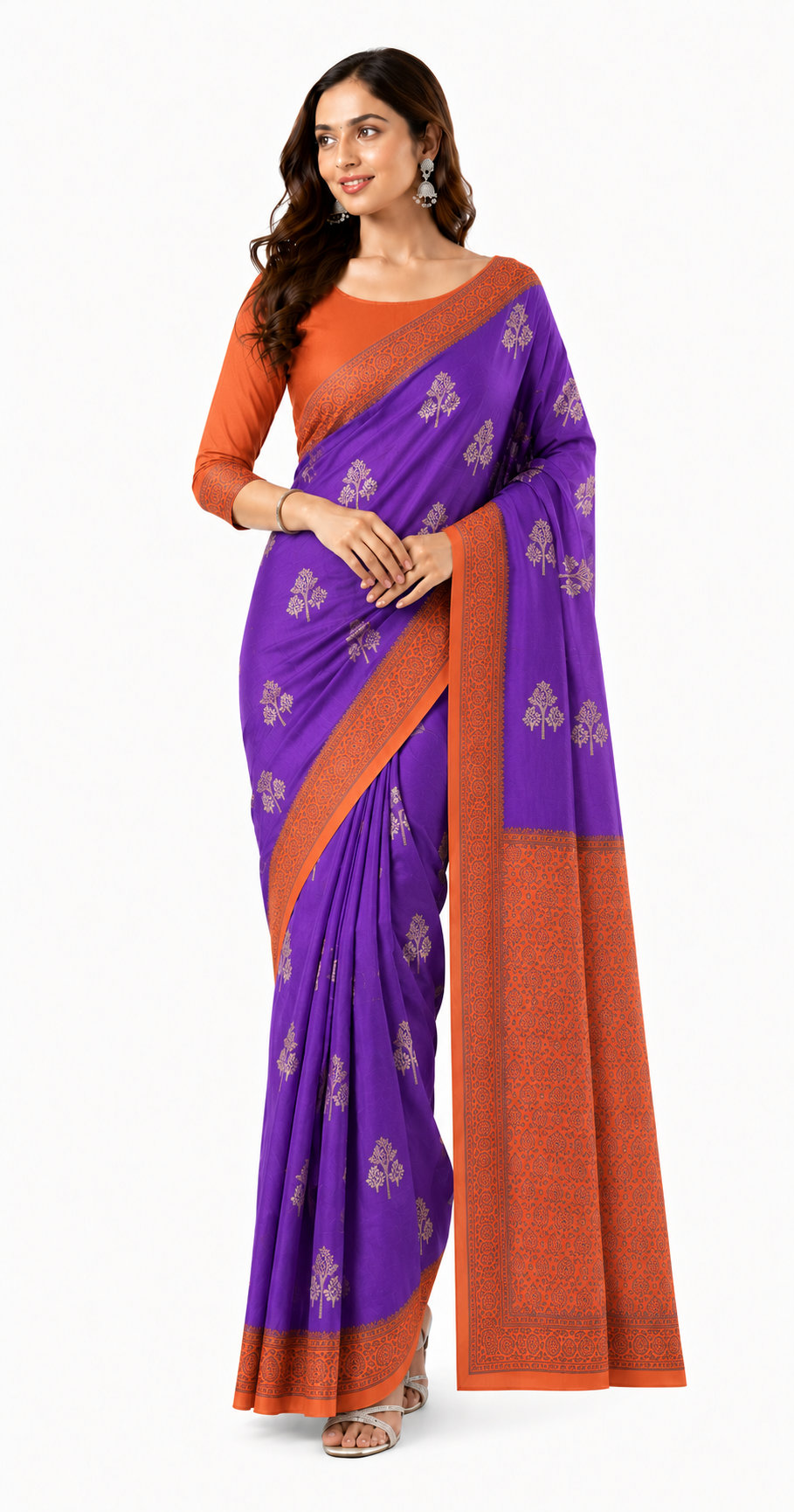 Crepe-Purple-dark orange Saree