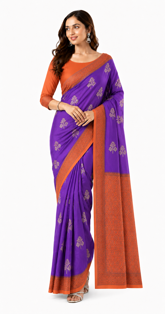 Crepe-Purple-dark orange Saree