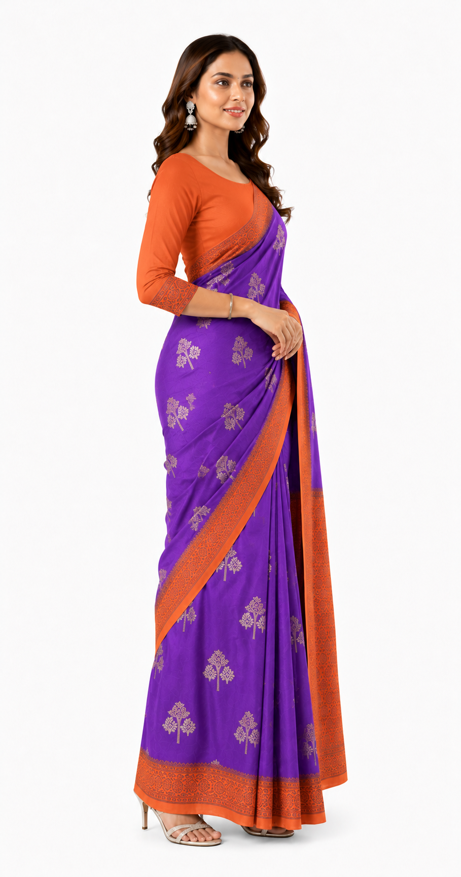 Crepe-Purple-dark orange Saree