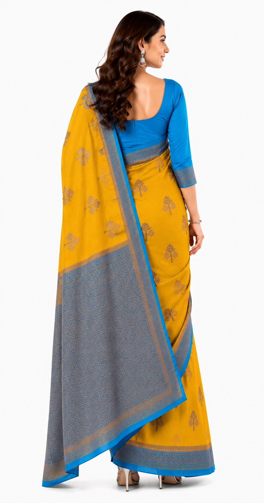 Crepe-Yellow-Blue Saree