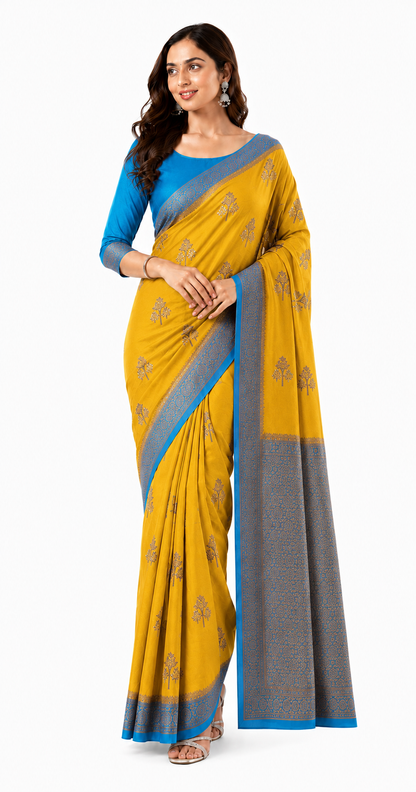 Crepe-Yellow-Blue Saree