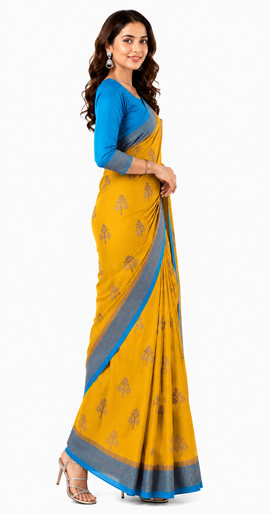 Crepe-Yellow-Blue Saree