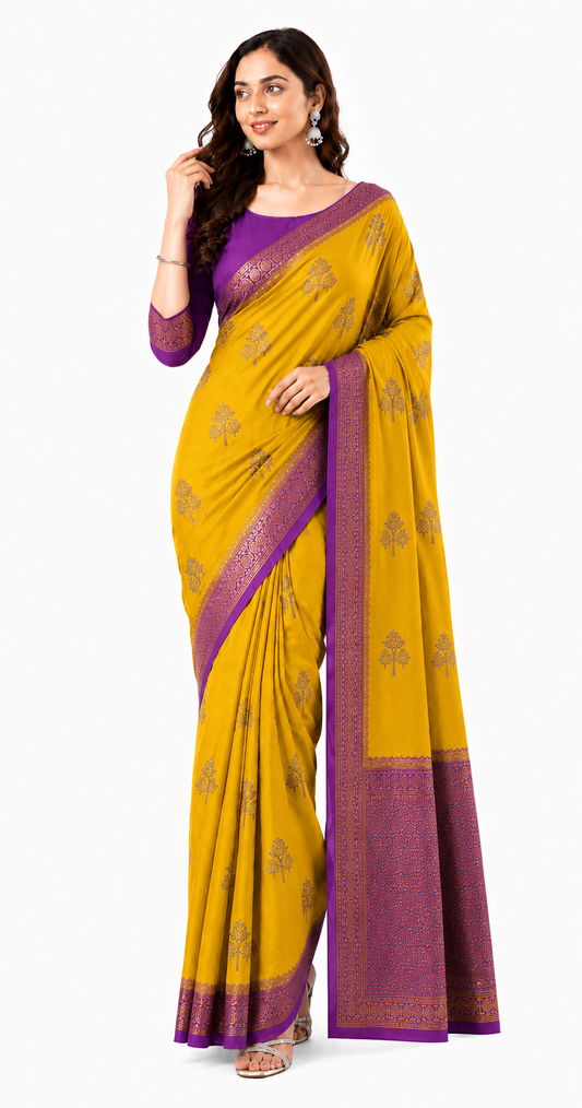 Crepe-Yellow Purple Saree