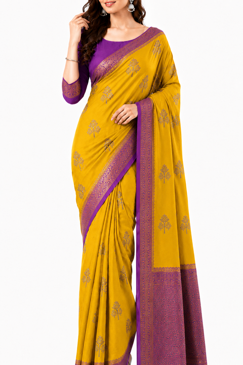 Crepe-Yellow Purple Saree
