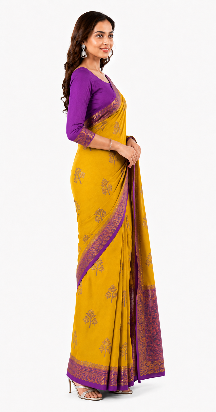Crepe-Yellow Purple Saree