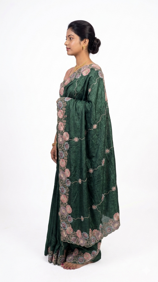 Soft Organza-Dark Green Saree