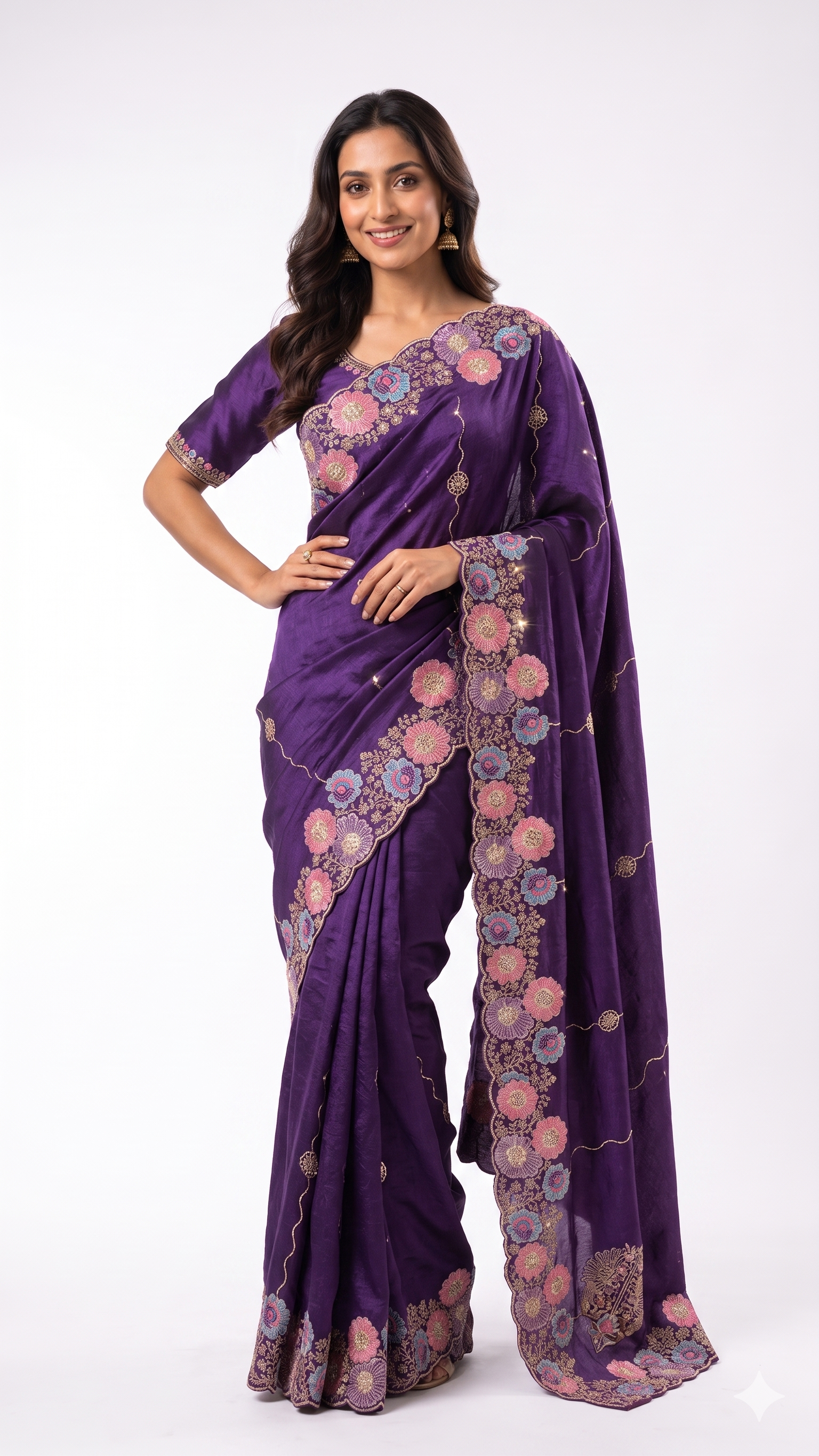 Woman wearing a purple saree with floral patterns on a white background