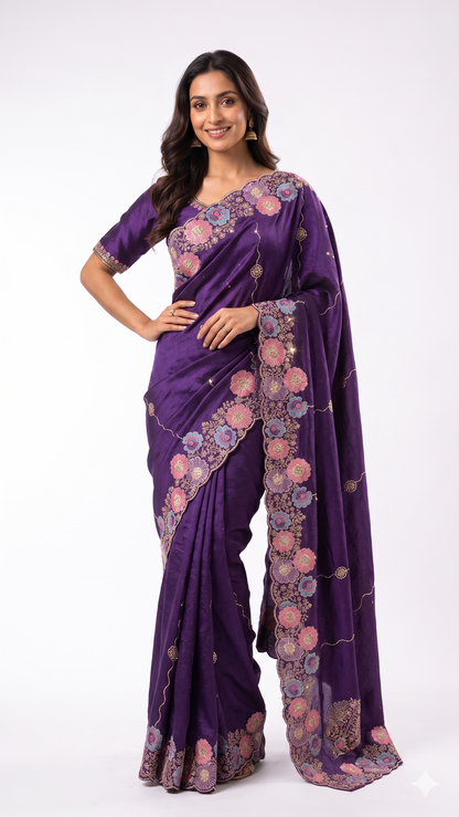Woman wearing a purple saree with floral patterns on a white background