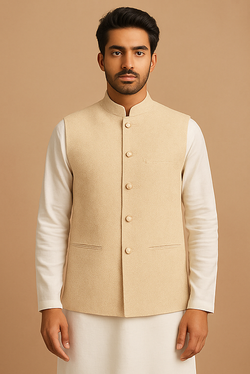 Ivory Bloom Textured Nehru Waistcoat