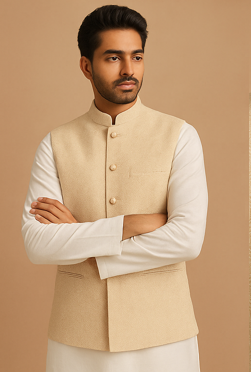Ivory Bloom Textured Nehru Waistcoat
