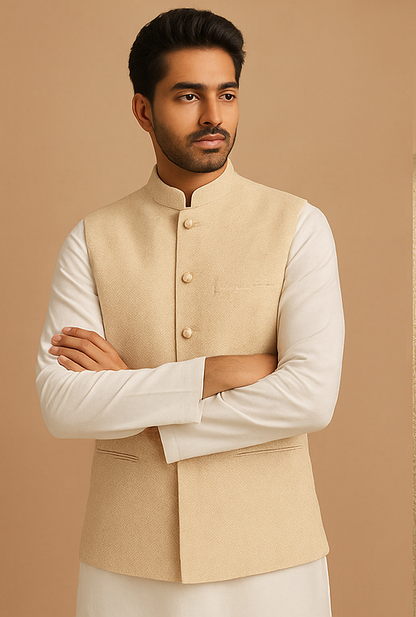 Ivory Bloom Textured Nehru Waistcoat