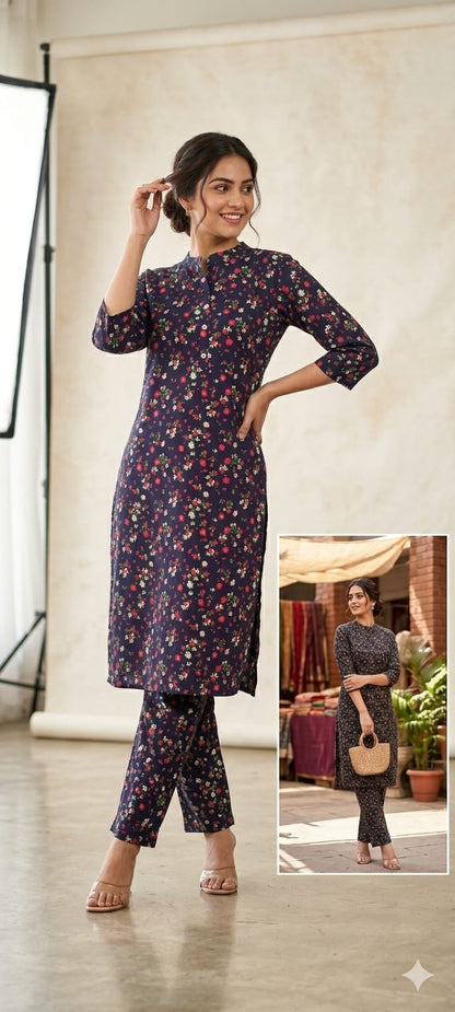 Women Deep Indigo Blue Floral Printed Straight Kurta