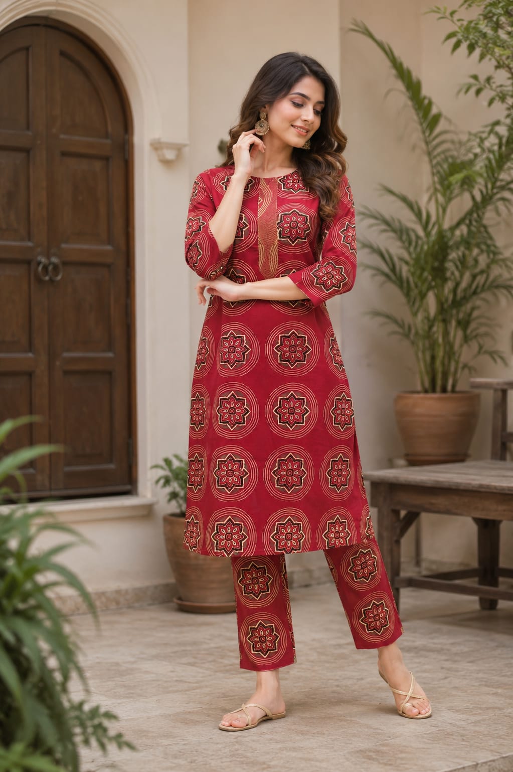 Women Rust Red & Gold Mandala Print Straight Kurta