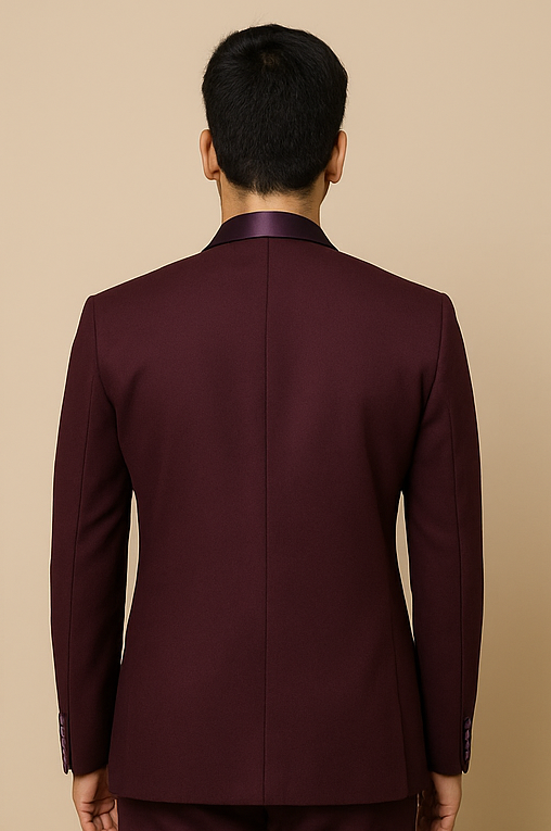 Men's Plum Embroidered Satin-Collar Blazer