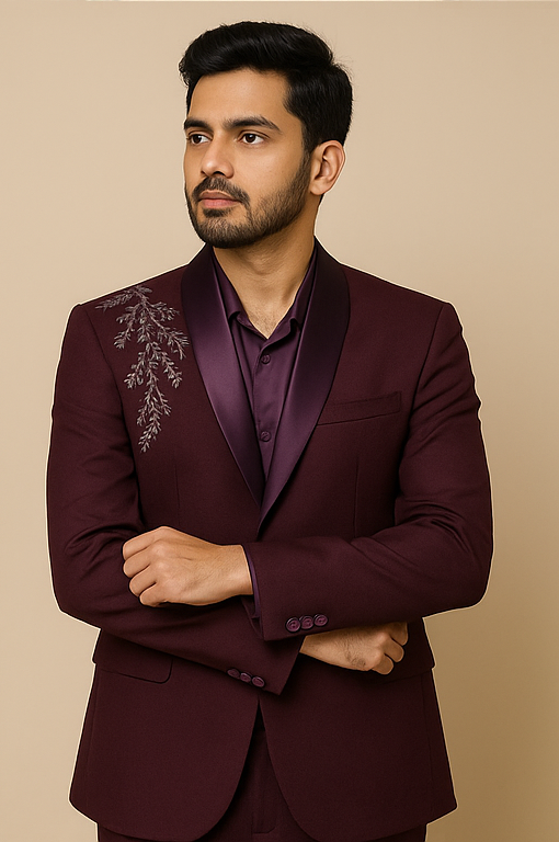 Men's Plum Embroidered Satin-Collar Blazer