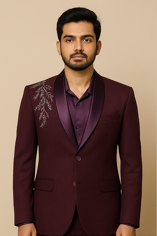 Men's Plum Embroidered Satin-Collar Blazer