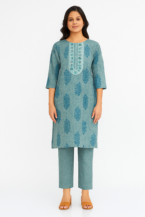 Tejasvi Teal Embroidered Kurta