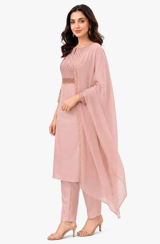 Women Printed Regular Kurta full set- Pastel Peach