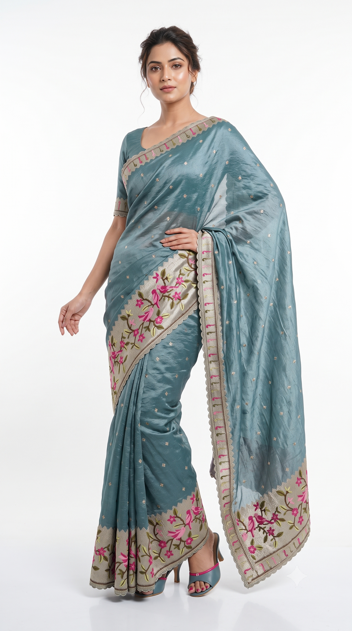 Teal Raw Silk Saree with Embroidered Floral & Bird Border