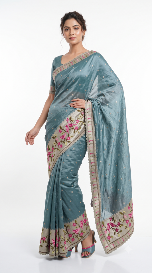 Teal Raw Silk Saree with Embroidered Floral & Bird Border