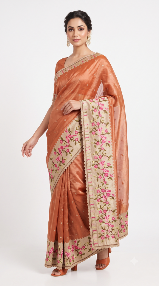 Rust Copper Raw Silk Saree with Bird & Floral Embroidered Border
