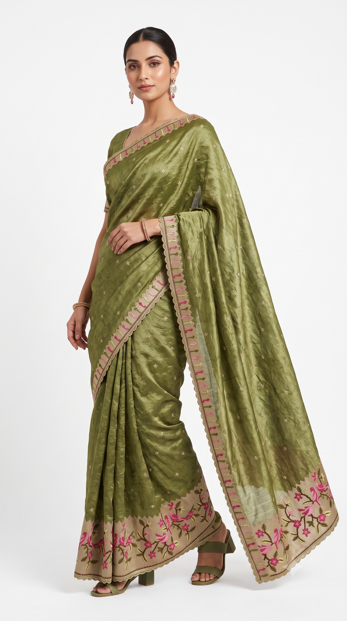 Olive Green Raw Silk Saree with Bird & Floral Embroidered Border