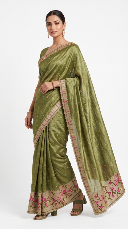 Olive Green Raw Silk Saree with Bird & Floral Embroidered Border