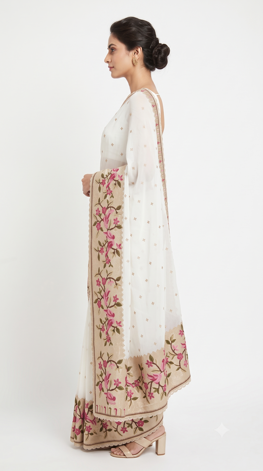 Ivory White Silk Saree with Bird & Floral Embroidered Scalloped Border