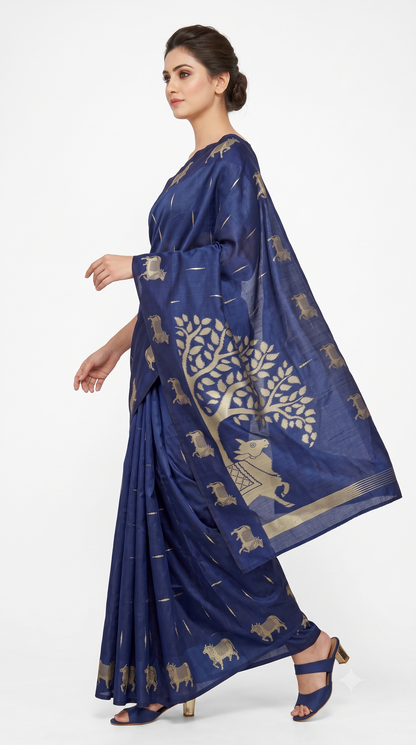 Royal Navy Blue Raw Silk Saree with Kamdhenu & Tree of Life Zari Motifs
