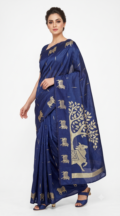 Royal Navy Blue Raw Silk Saree with Kamdhenu & Tree of Life Zari Motifs